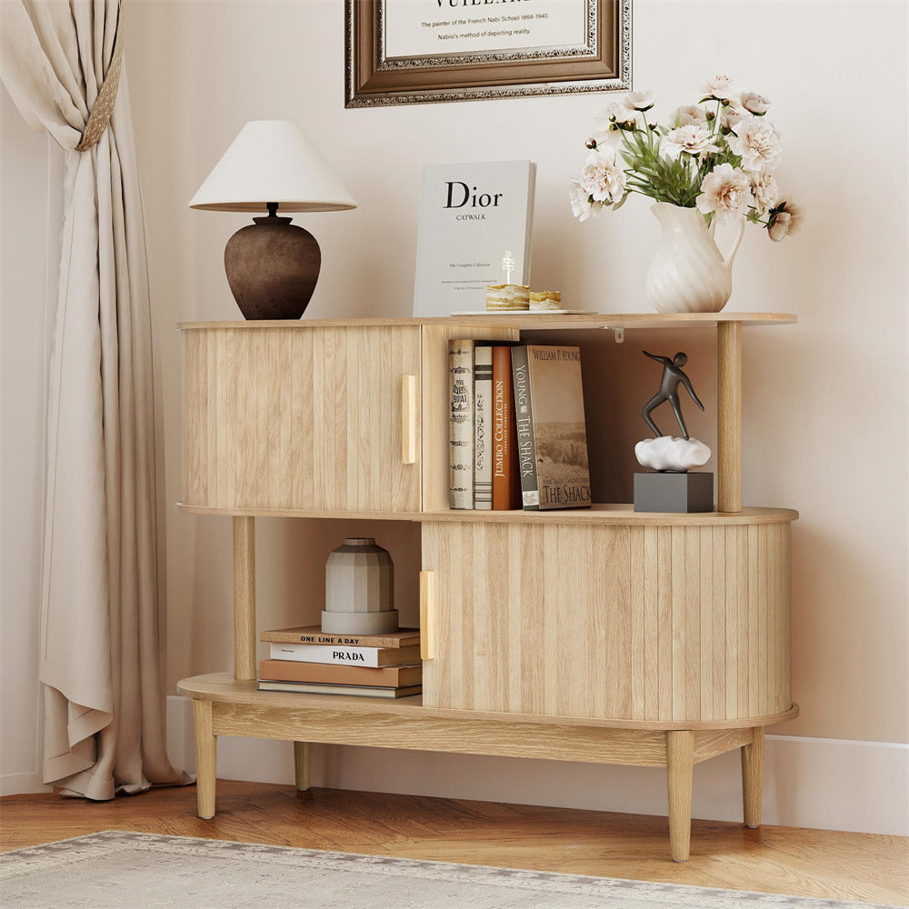 Wooden sideboard with decorative items in a room setting