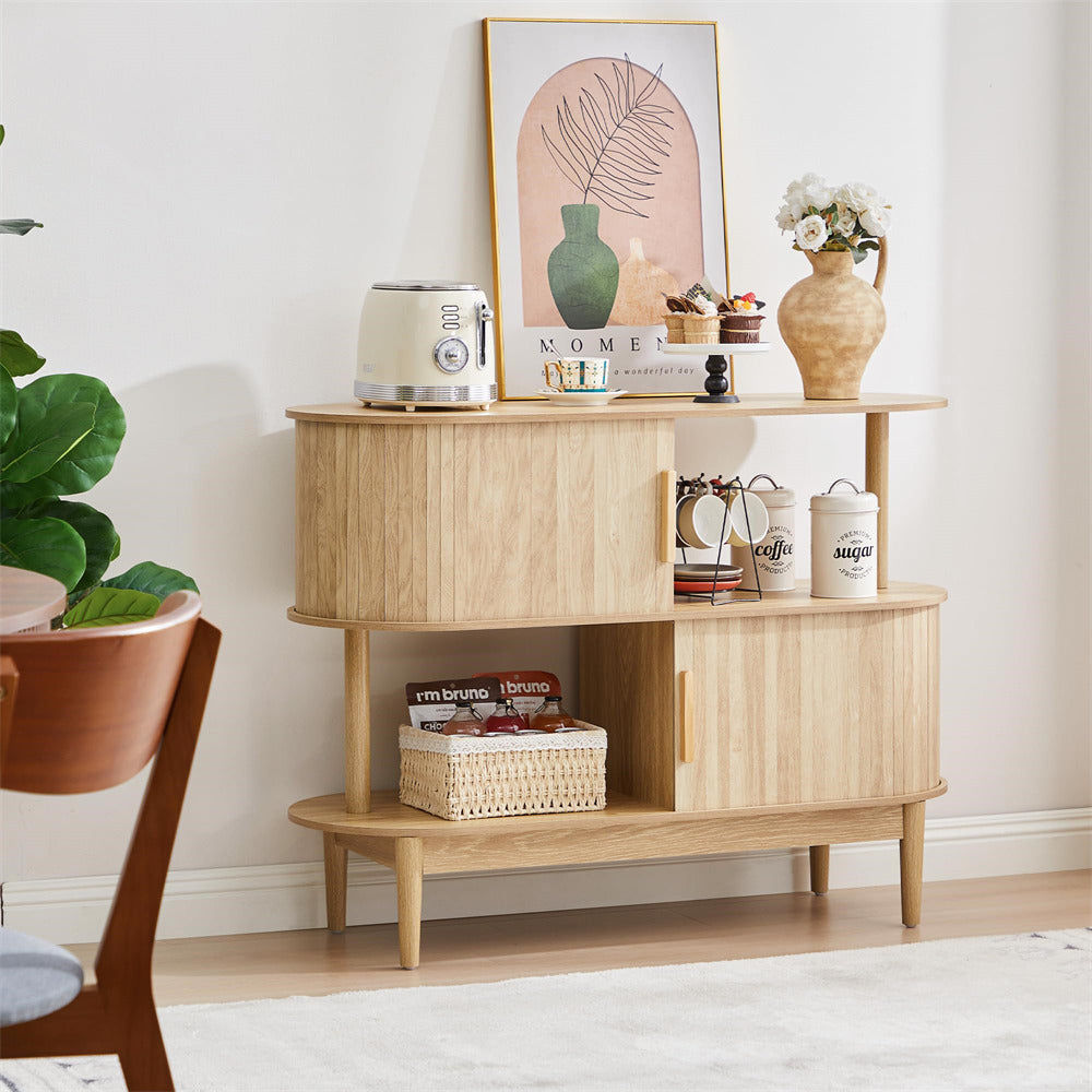 Natural 42.5'' Modern Accent Coffee Bar Wood Kitchen Storage Cabinet with 2 Open Storage