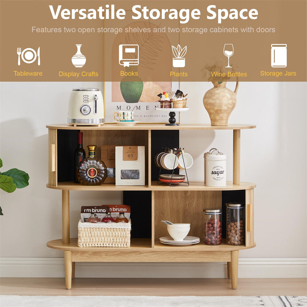 Wooden storage shelf with various items on a neutral background