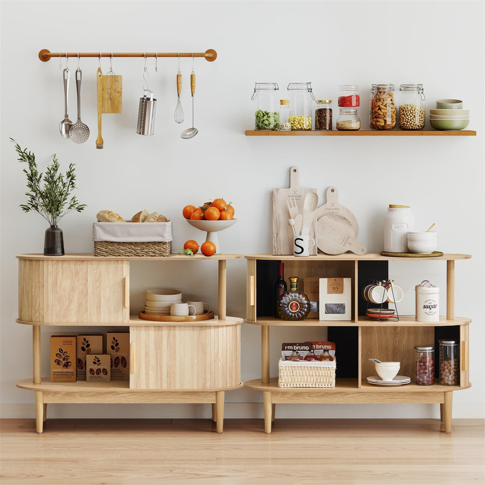Wooden kitchen shelf with various items including fruits, books, and kitchen utensils.