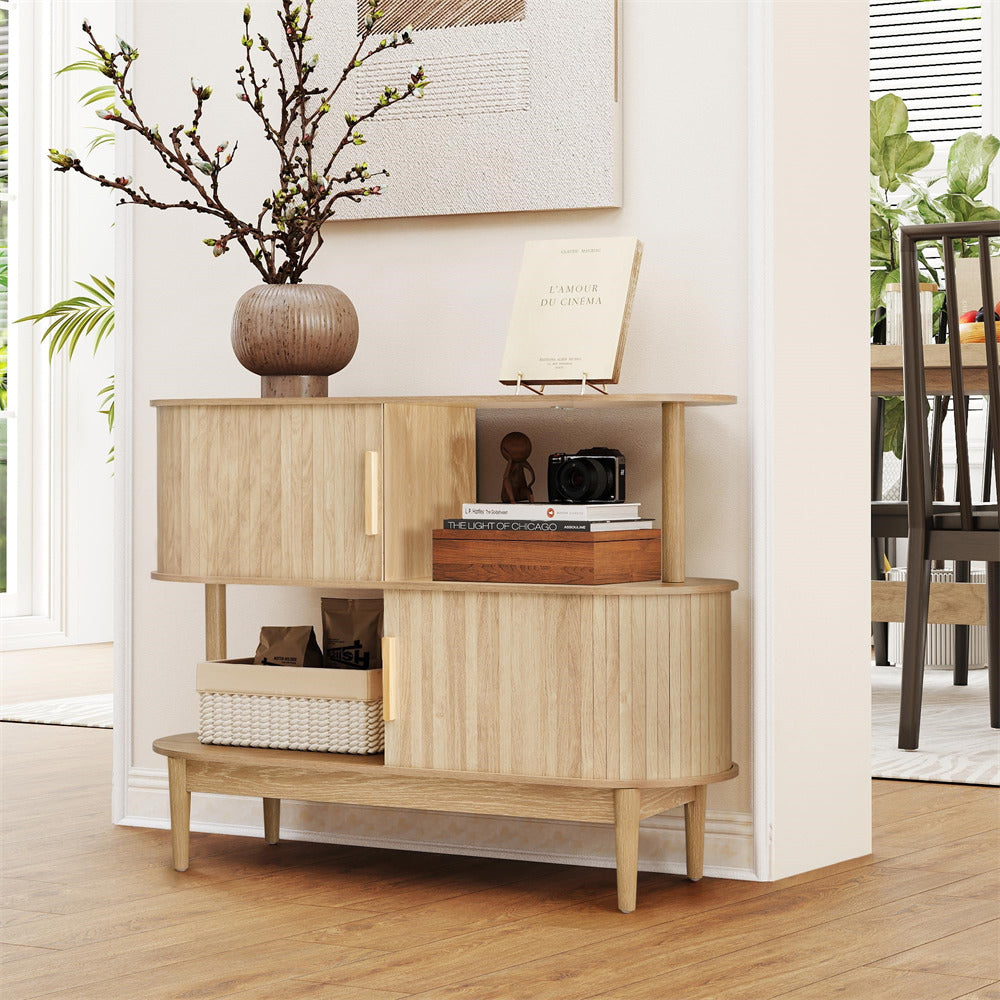 Natural 42.5'' Modern Accent Coffee Bar Wood Kitchen Storage Cabinet with 2 Open Storage