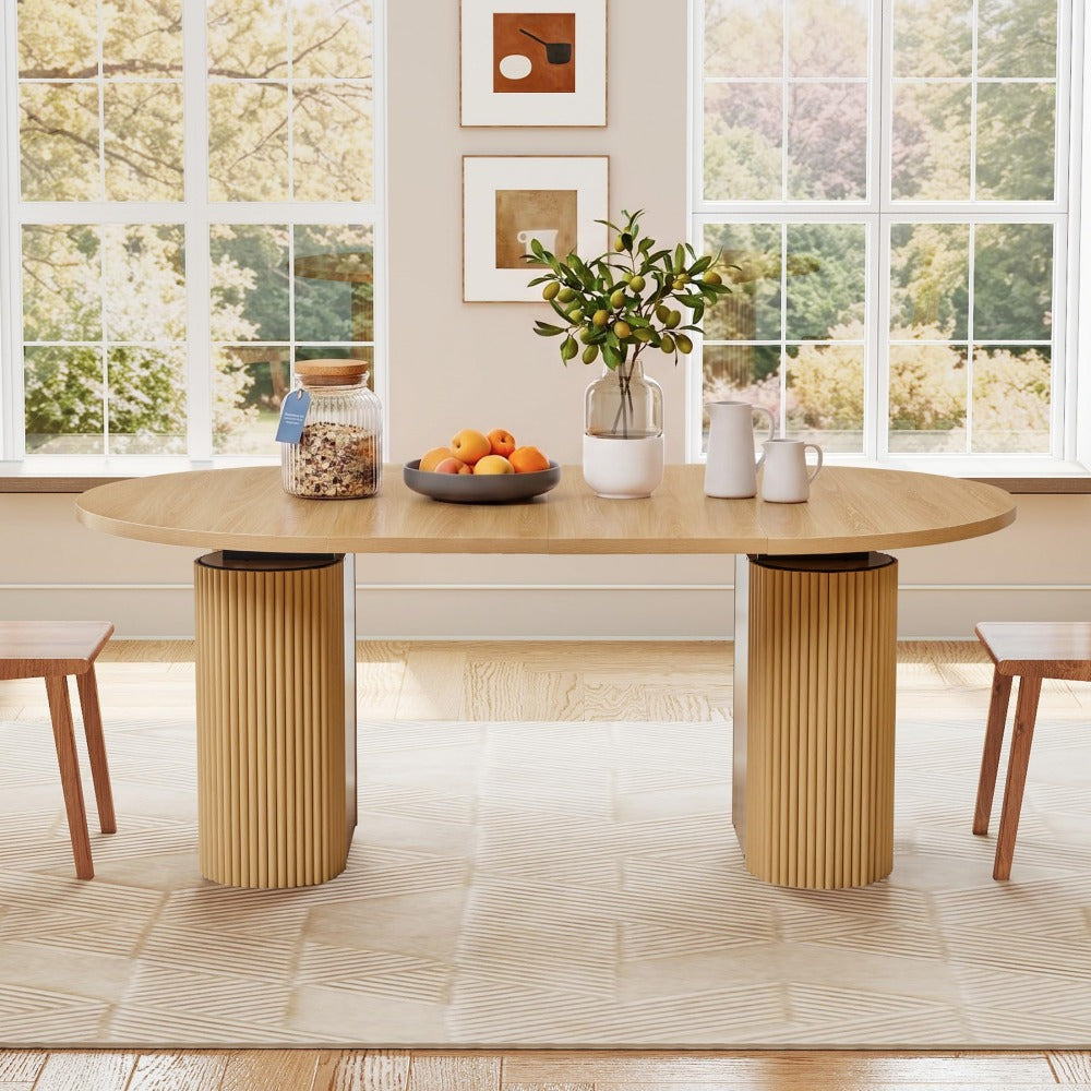 Natural 43.3''-74.8'' Extendable Kitchen Dining Table for 4-8 with Removable Leaves & Fluted Base Circle