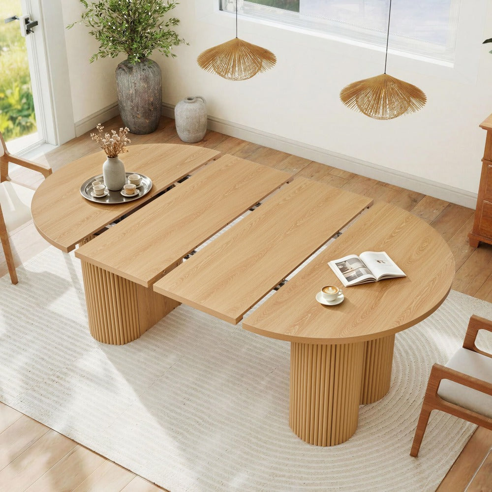 Natural 43.3''-74.8'' Extendable Kitchen Dining Table for 4-8 with Removable Leaves & Fluted Base Circle