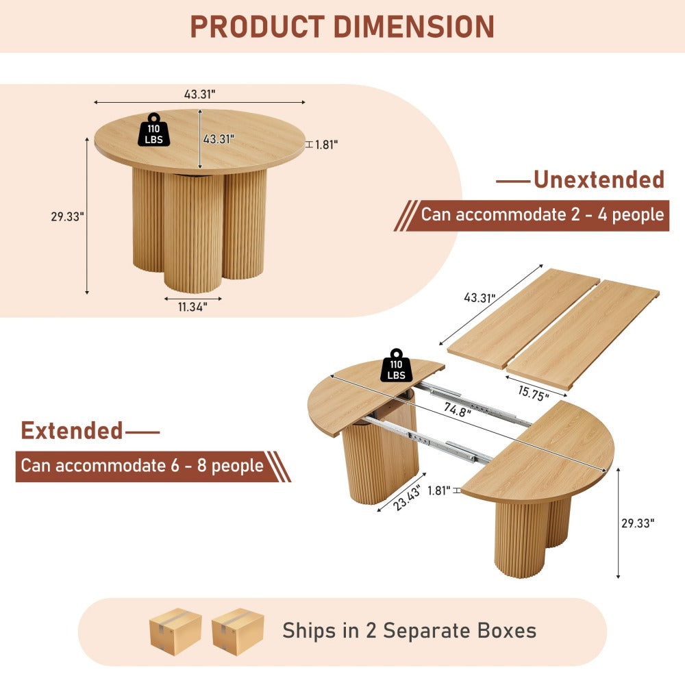 Product dimension diagram showing a round pedestal table in both unextended and extended configurations, with measurements, seating capacity, and a note that it ships in two separate boxes.