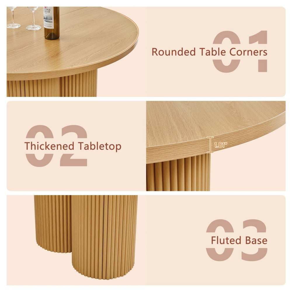 Three-panel product feature graphic for a round wooden table, showing rounded table corners, a thicker tabletop, and a fluted base on a pale beige background with numbered callouts.