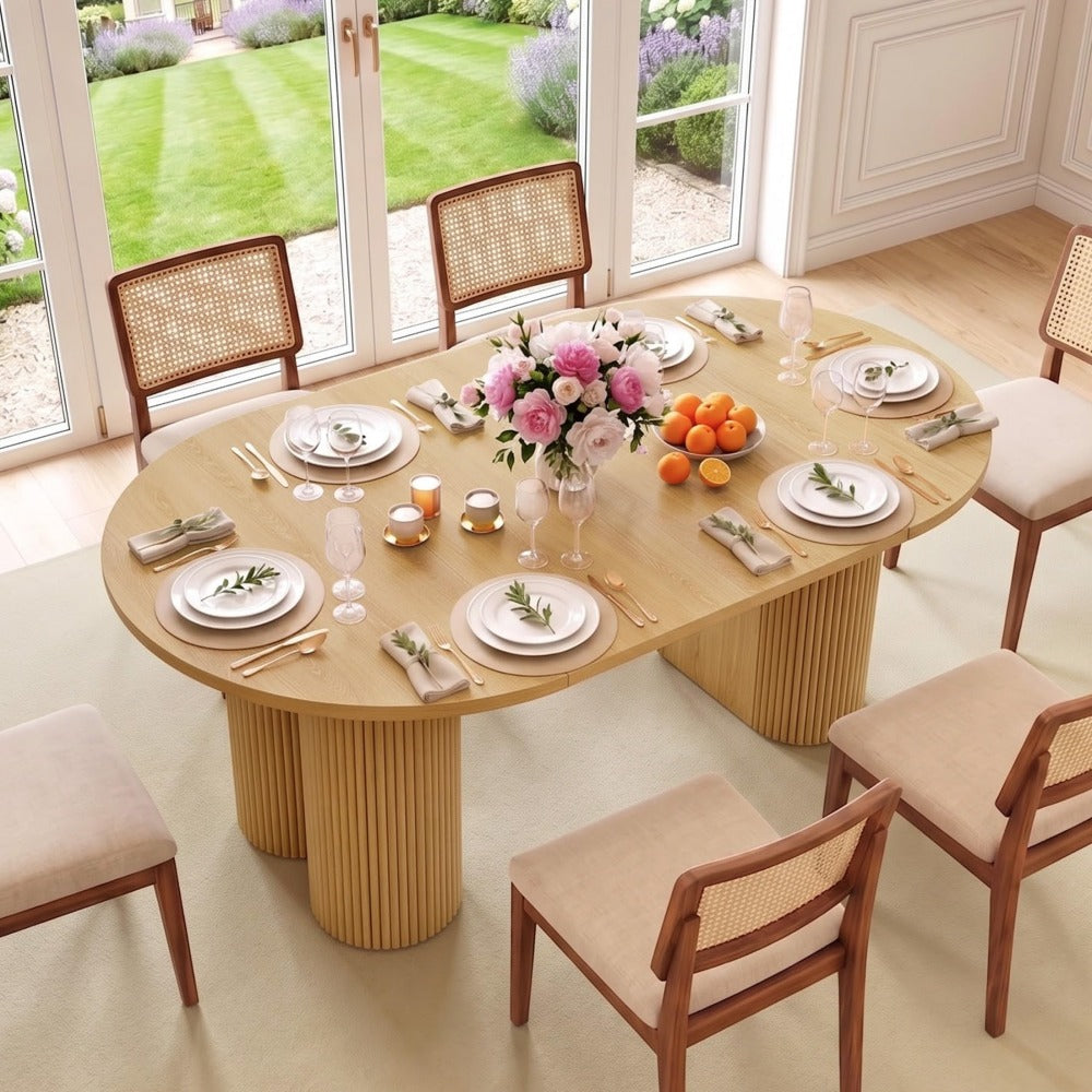Natural 43.3''-74.8'' Extendable Kitchen Dining Table for 4-8 with Removable Leaves & Fluted Base Circle