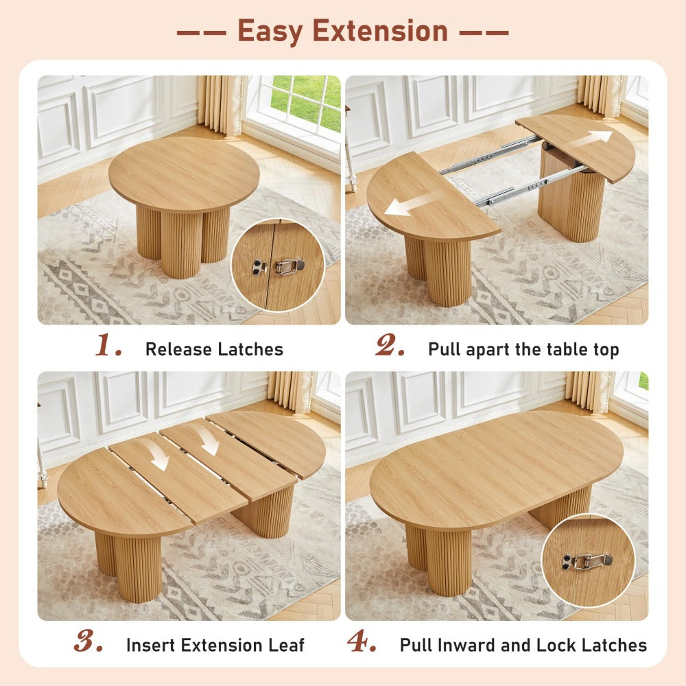 Four-panel instruction graphic showing how to extend a round wooden table into a longer oval table. The panels include labeled steps: release latches, pull apart the table top, insert extension leaf, and pull inward and lock latches.