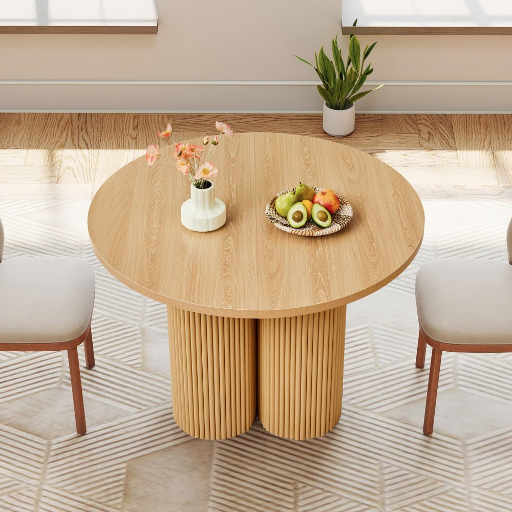 Natural 43.3''-74.8'' Extendable Kitchen Dining Table for 4-8 with Removable Leaves & Fluted Base Circle