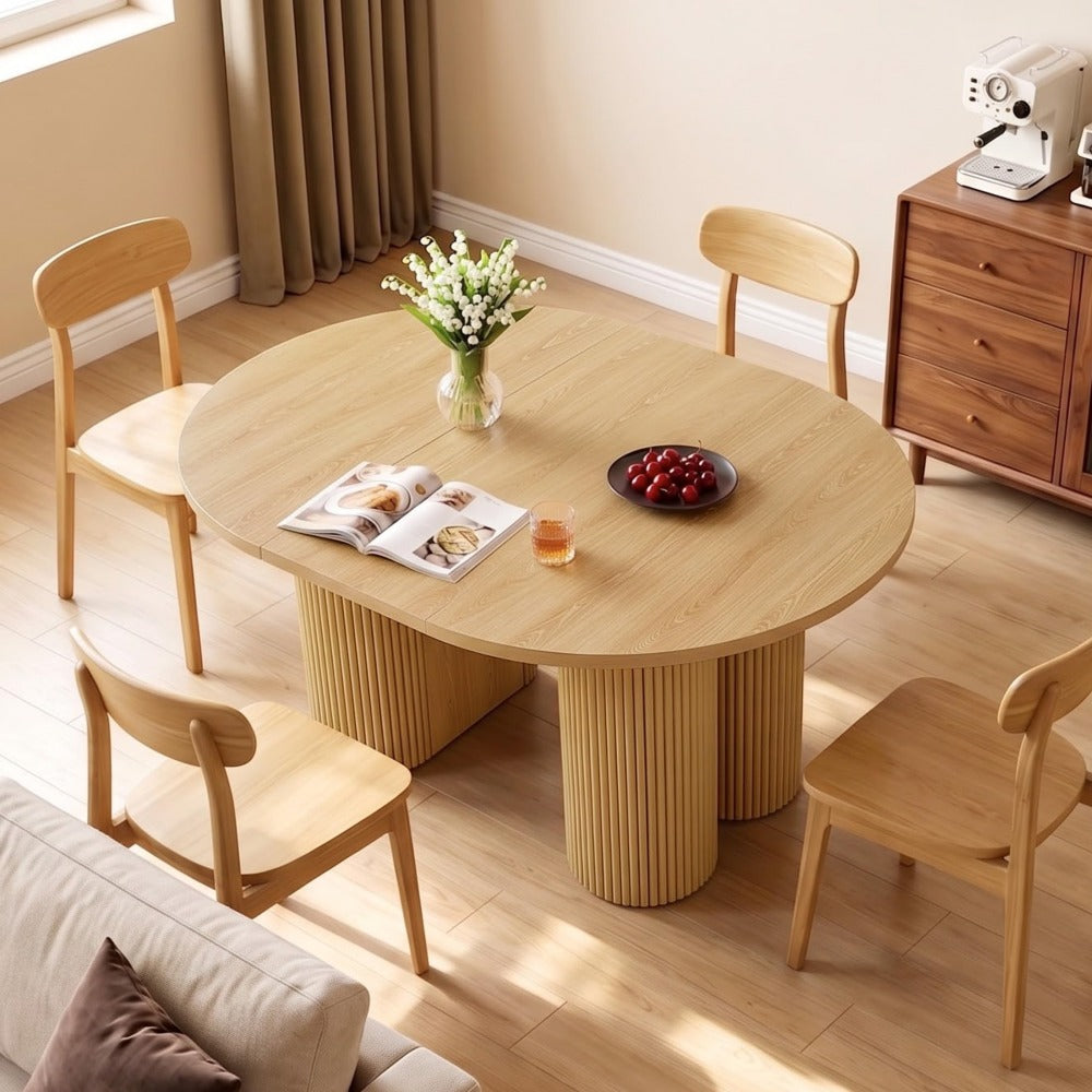 Natural 43.3''-74.8'' Extendable Kitchen Dining Table for 4-8 with Removable Leaves & Fluted Base Circle