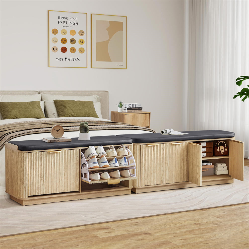 Wooden shoe cabinet with open doors in a bedroom setting