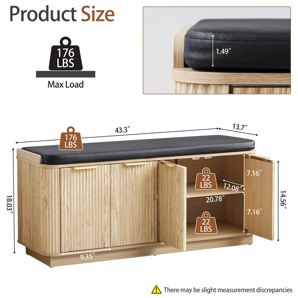 Wooden bench with black cushion and measurements on a white background