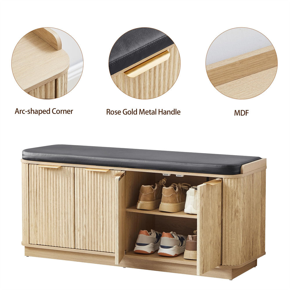 Wooden shoe bench with storage compartments, rose gold metal handle, and MDF construction details.