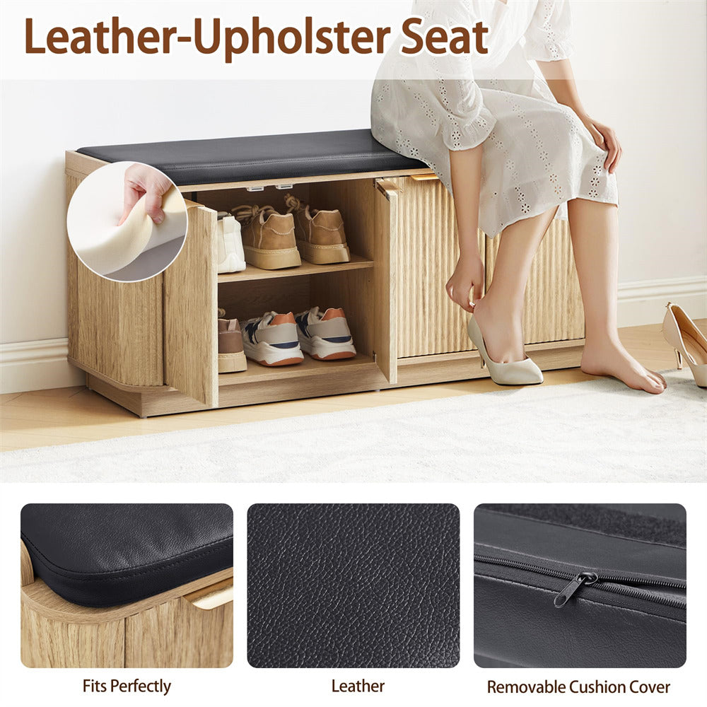 Wooden shoe cabinet with leather-upholstered seat, showing a person using it and close-up details.