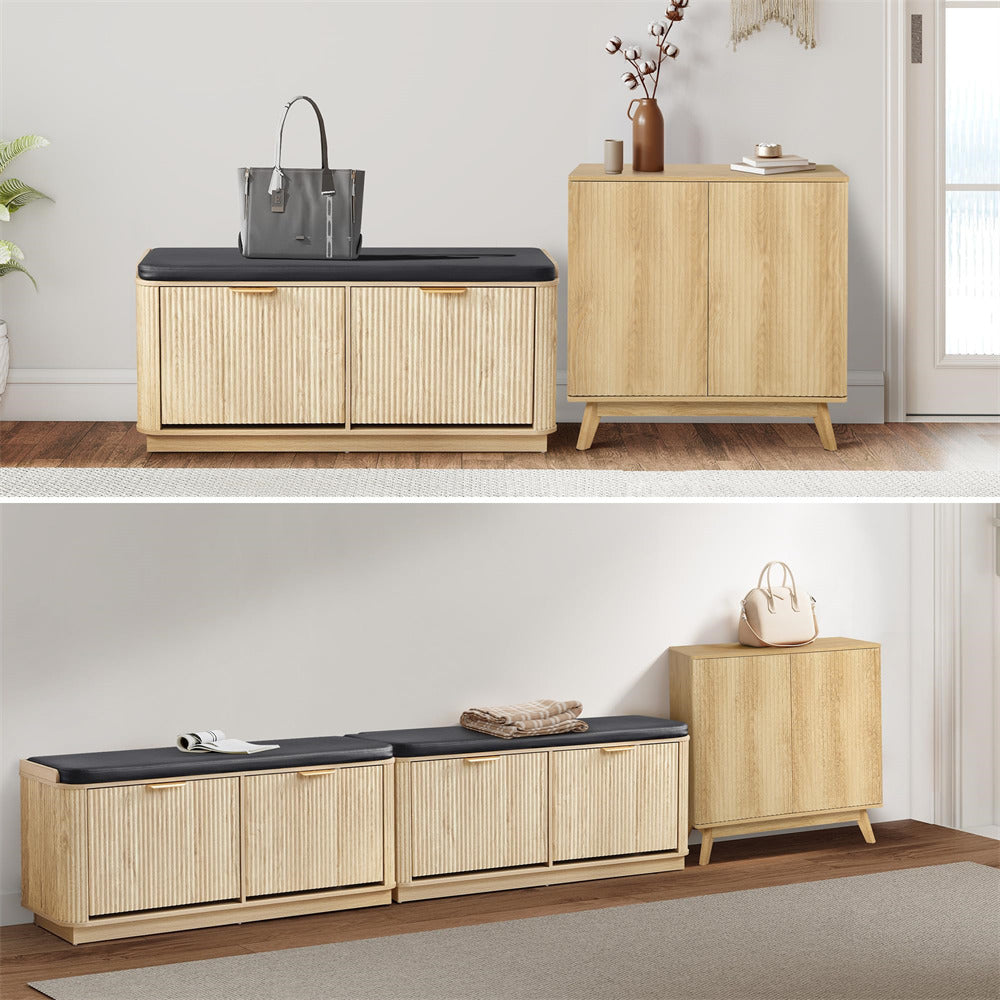Two images of wooden cabinets with black tops in a room setting.