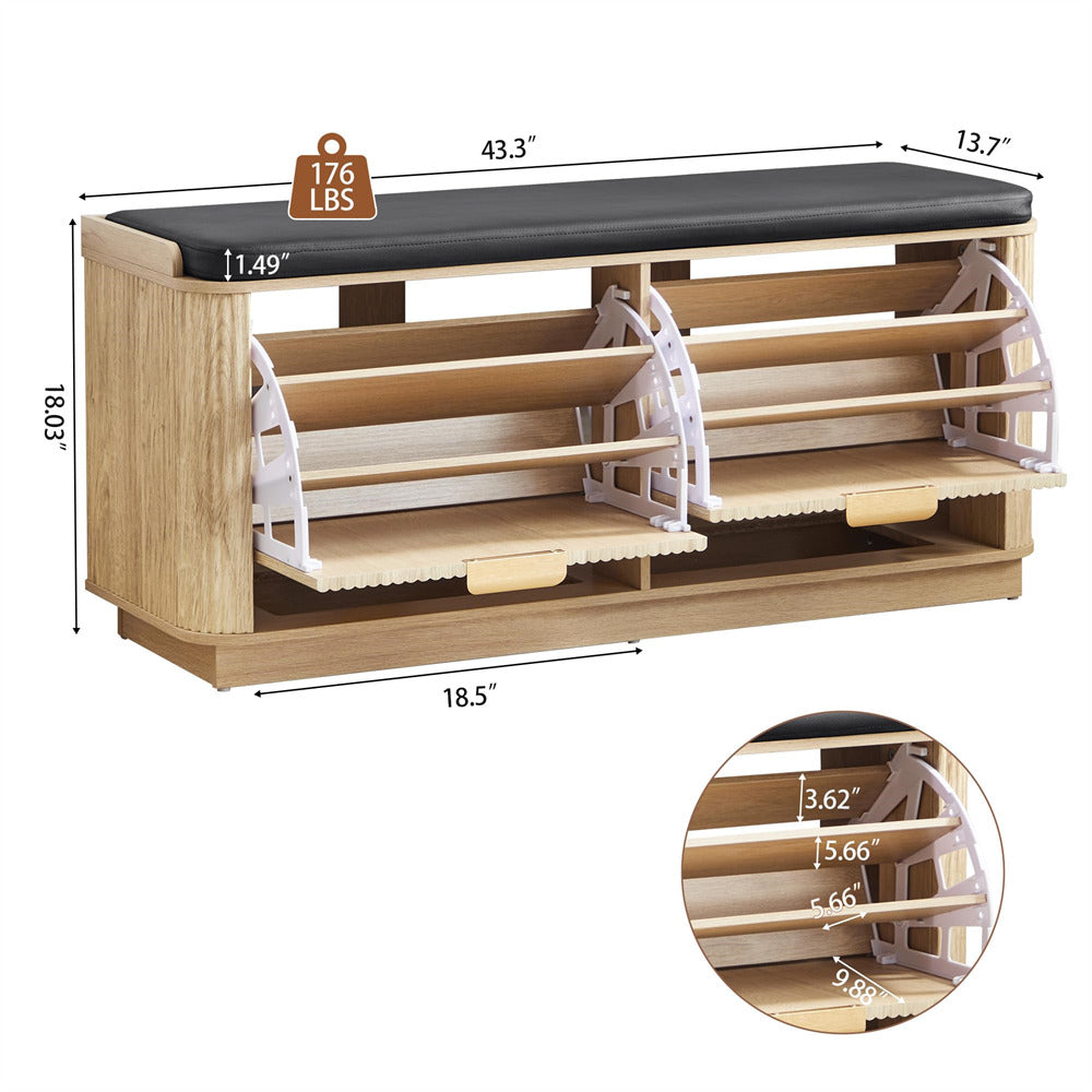 Wooden shoe rack with storage compartments and dimensions on a white background