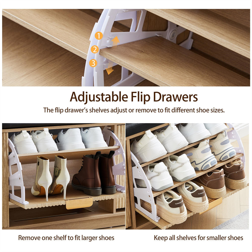 Adjustable flip drawers for shoe storage with labeled features and examples of use.