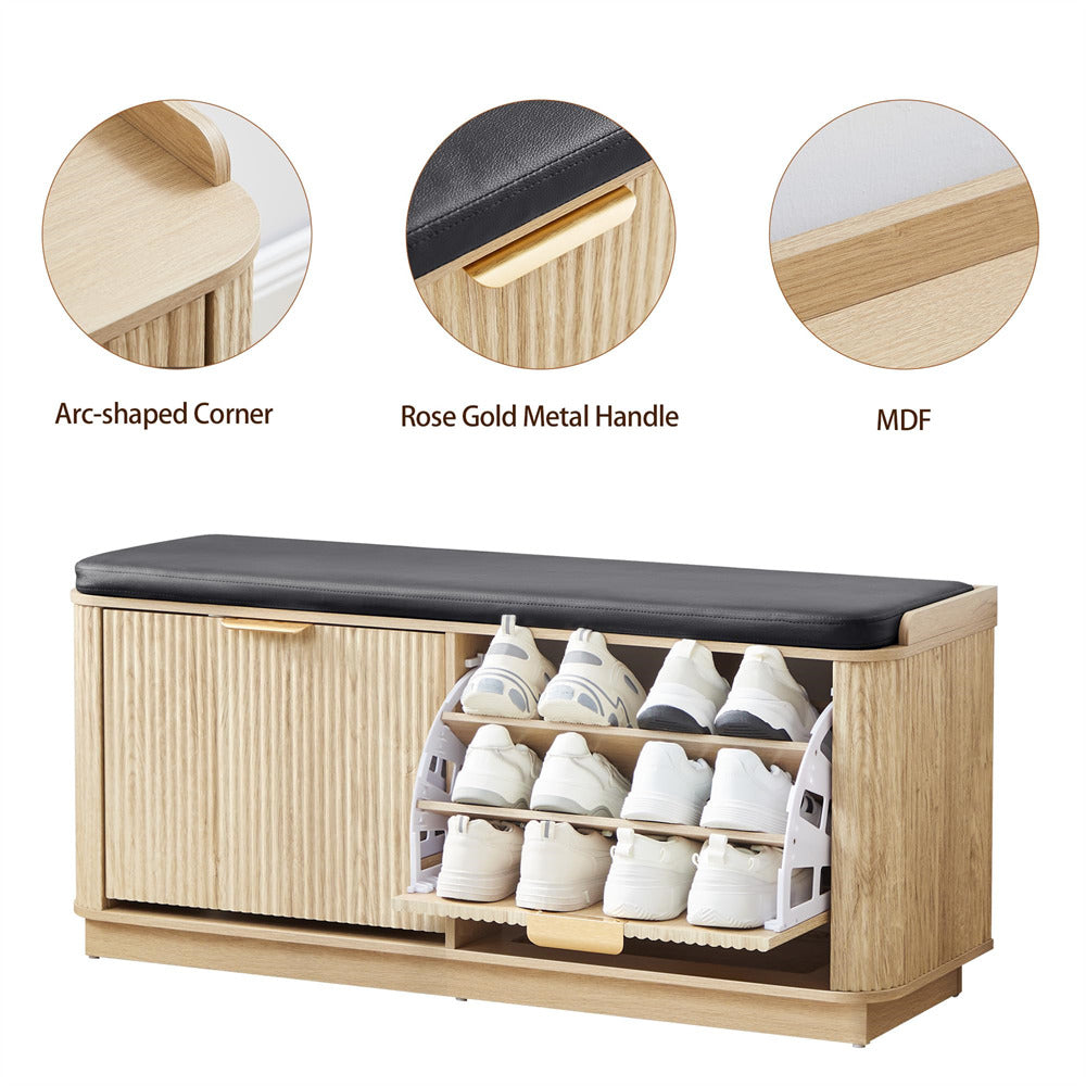 Wooden shoe bench with storage compartment, rose gold metal handle, and MDF construction details.