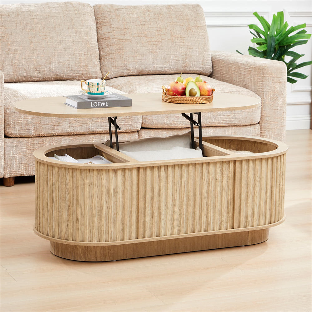 Natural 43.3”Mid Century Modern Oval Lift Top Coffee Table with Hidden Compartment