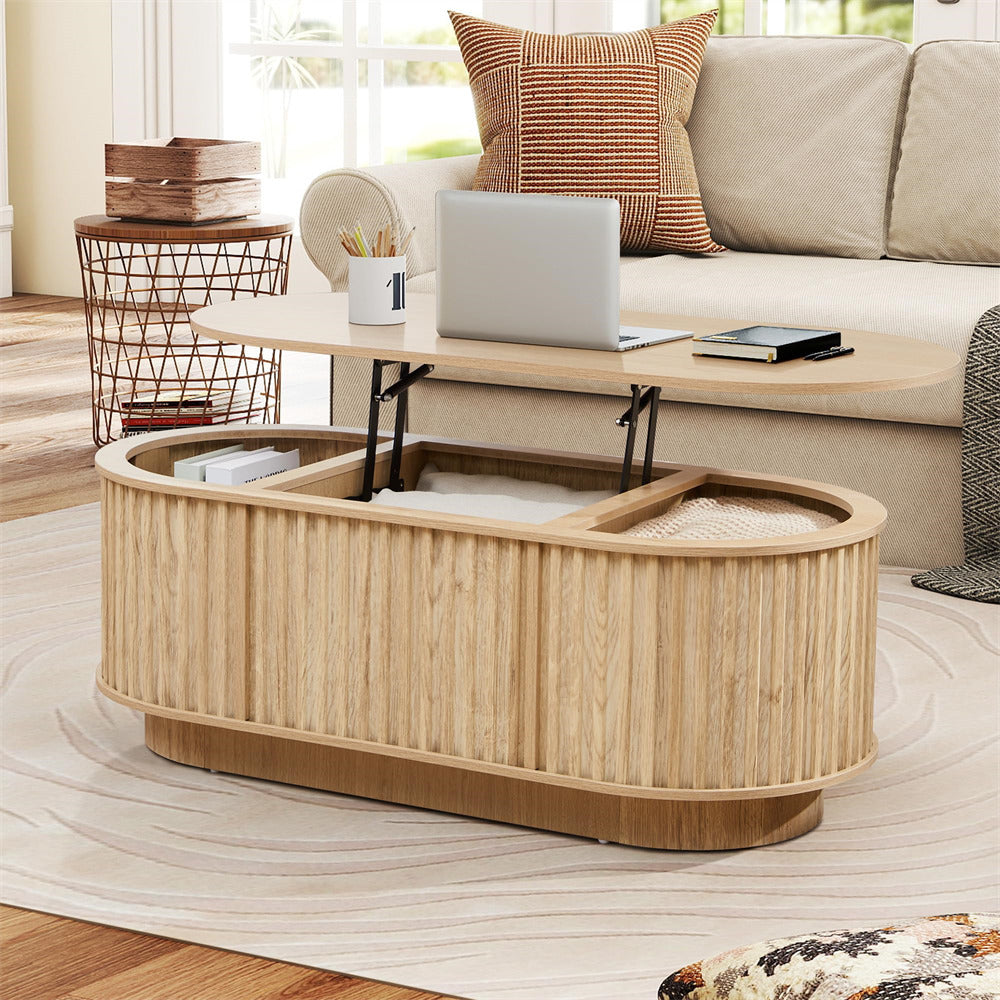 Natural 43.3”Mid Century Modern Oval Lift Top Coffee Table with Hidden Compartment