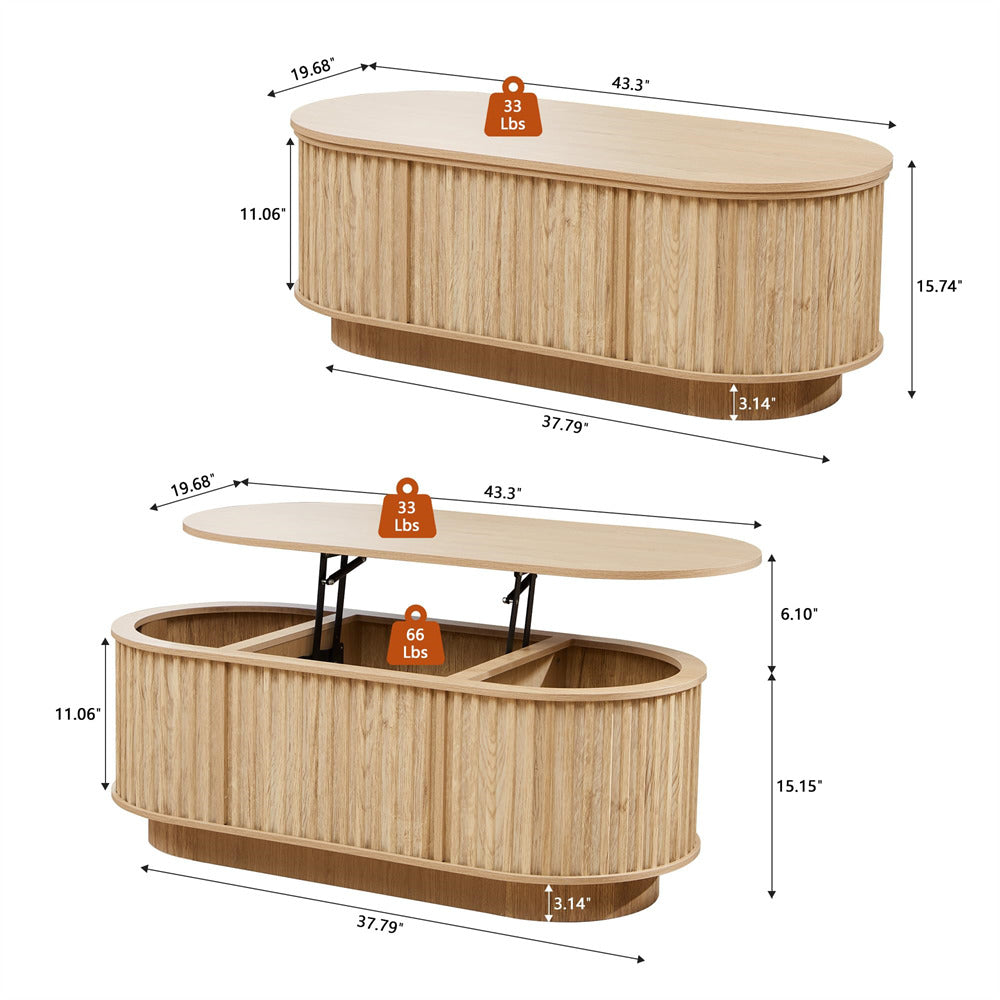 Natural 43.3”Mid Century Modern Oval Lift Top Coffee Table with Hidden Compartmentbackground