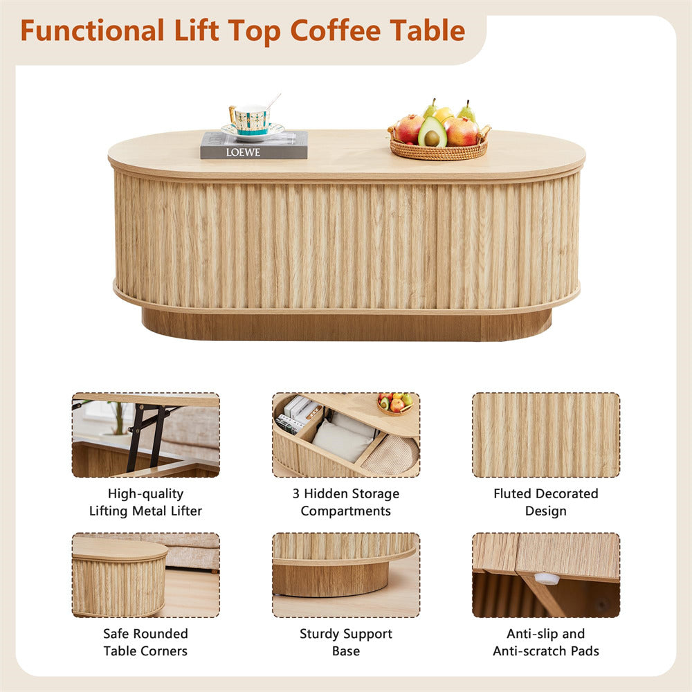 Functional lift top coffee table with features highlighted on a beige background