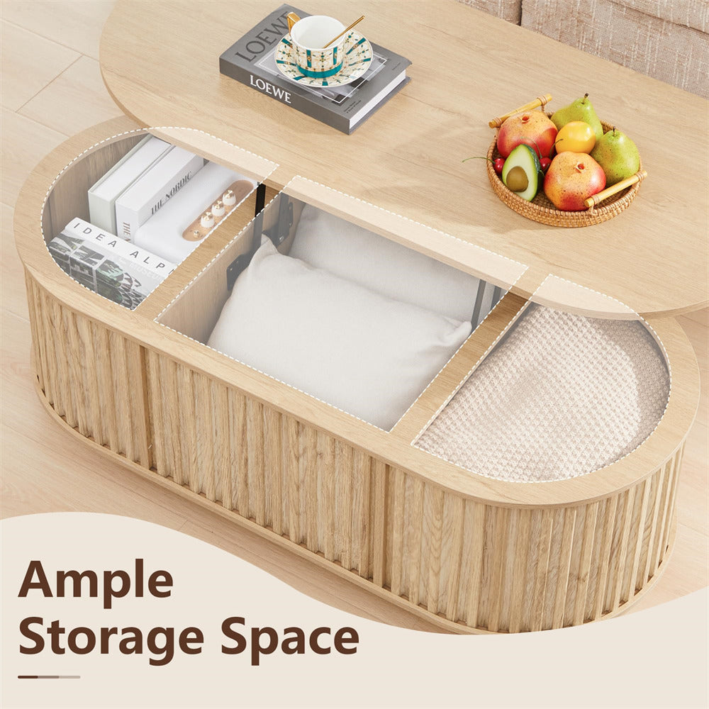 Wooden coffee table with storage compartments and a small bowl of fruit on top.