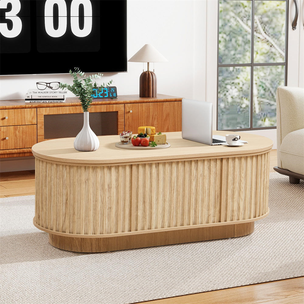 Wooden coffee table in a living room setting with decor items on top