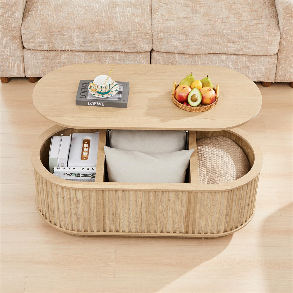 Wooden coffee table with storage compartments in a living room setting