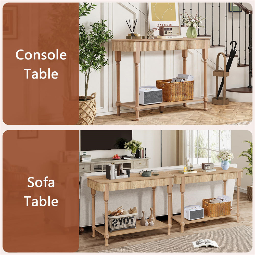 Two images of 43.3" console tables in different settings with text labels.
