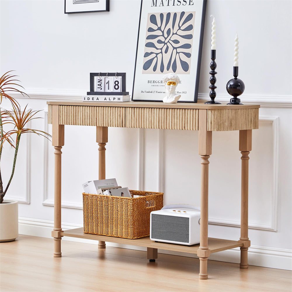 Wooden 43.3" console table with decorative items in a room setting