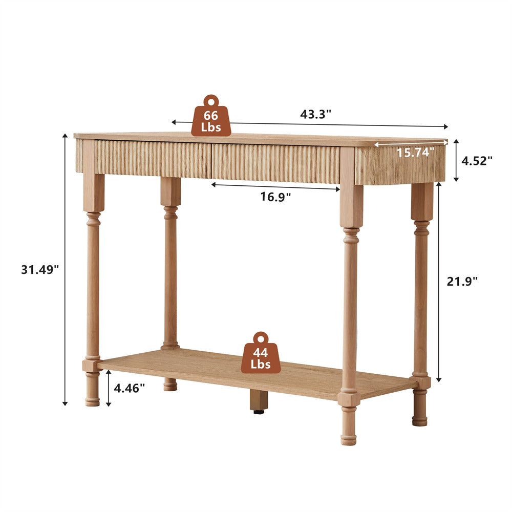 Wooden 43.3" console table with dimensions and weight indicators on a white background