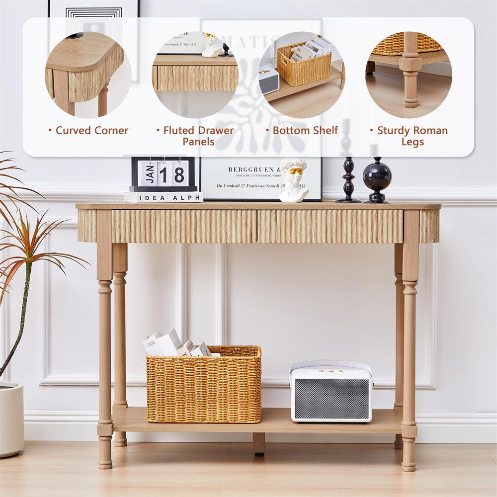 Wooden 43.3" console table with wicker basket and radio in a room setting