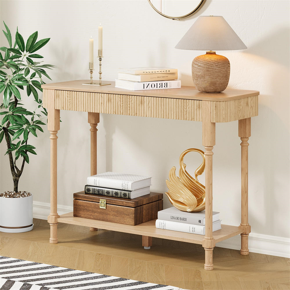 Wooden 43.3" console table with decorative items in a room setting