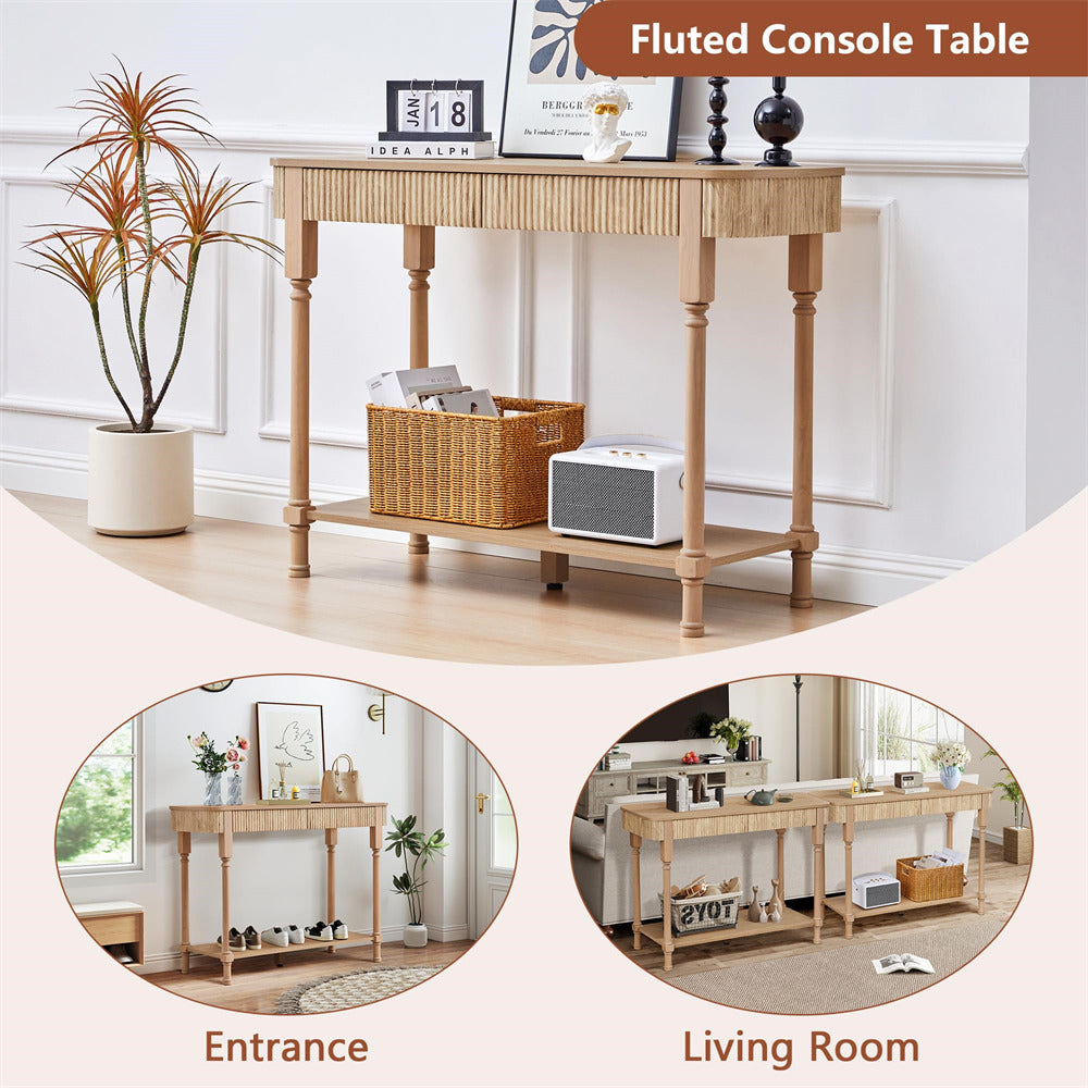 Fluted 43.3" console table with decorative items in a living room setting