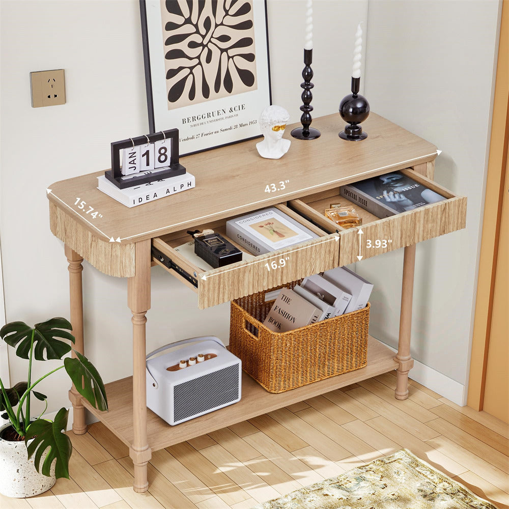 Wooden 43.3" console table with measurements and items on a wooden floor.
