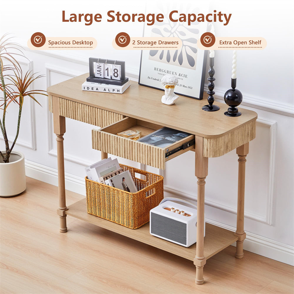 Wooden 43.3" console table with storage drawers and open shelf in a room setting.