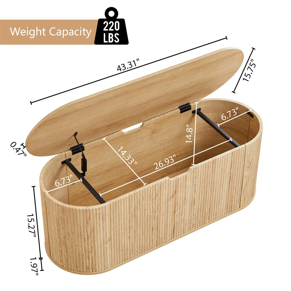 Wooden storage bench with dimensions and weight capacity label on a white background