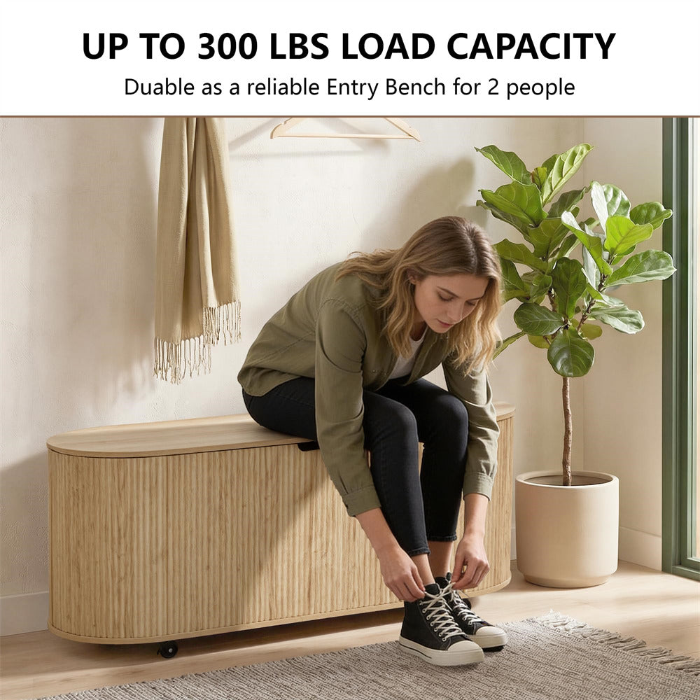 Woman sitting on a wooden bench with text about load capacity and dual use as an entry bench.