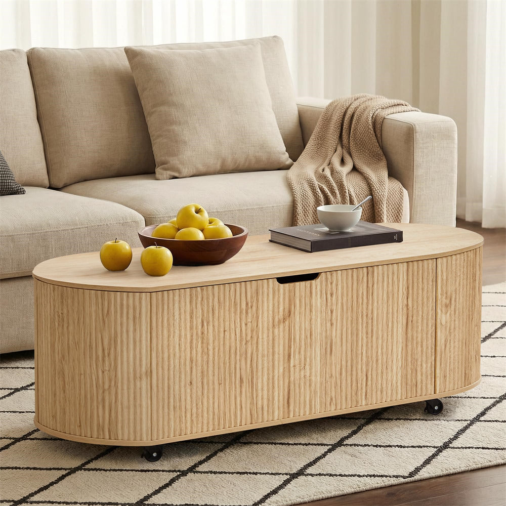 Beige sofa with a wooden coffee table in a living room setting