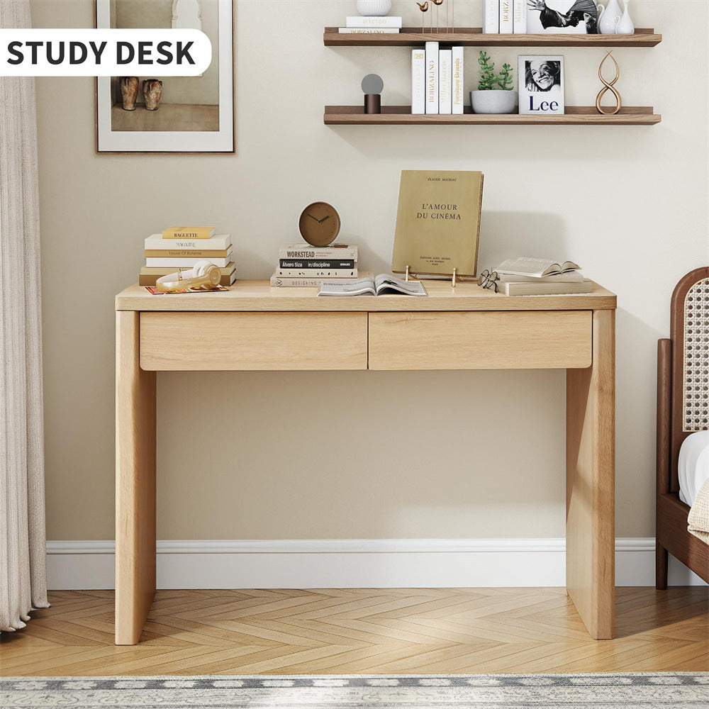 Natural 43" Mid Century Modern Small Computer Desk with 2 Drawers