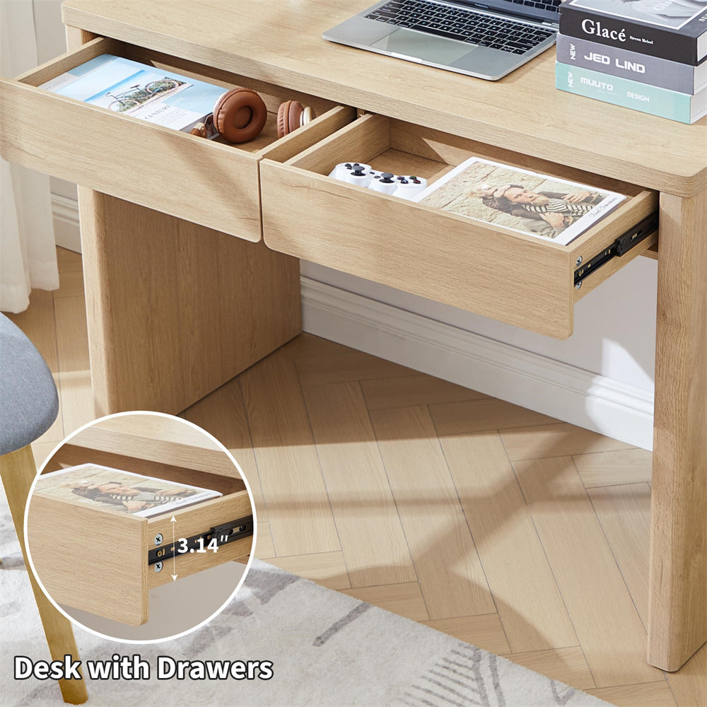 Natural 43" Mid Century Modern Small Computer Desk with 2 Drawers