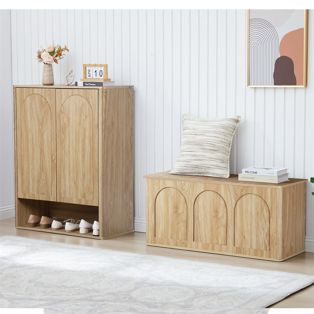 Wooden shoe cabinet and bench with decorative items in a room setting.