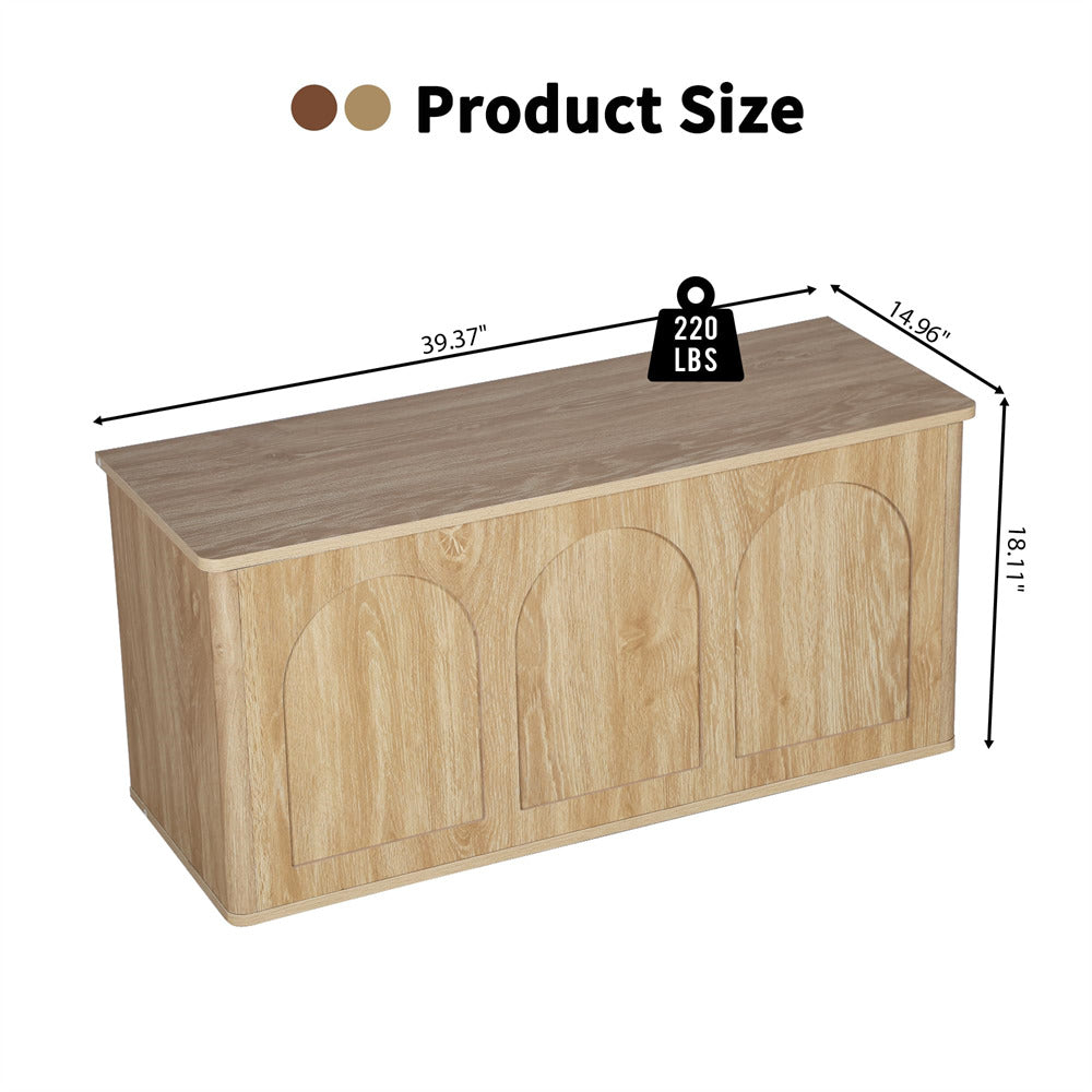 Wooden storage bench with measurements and weight capacity on a white background