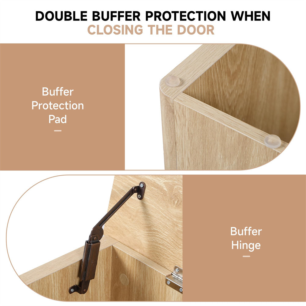 Diagram showing double buffer protection system for closing a door with buffer protection pad and hinge.