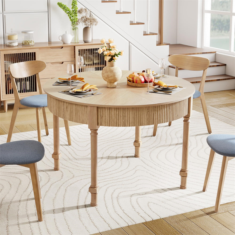 Natural 47 Inch Modern Fluted Round Dining Table with 2 Drawers for 4-6 People