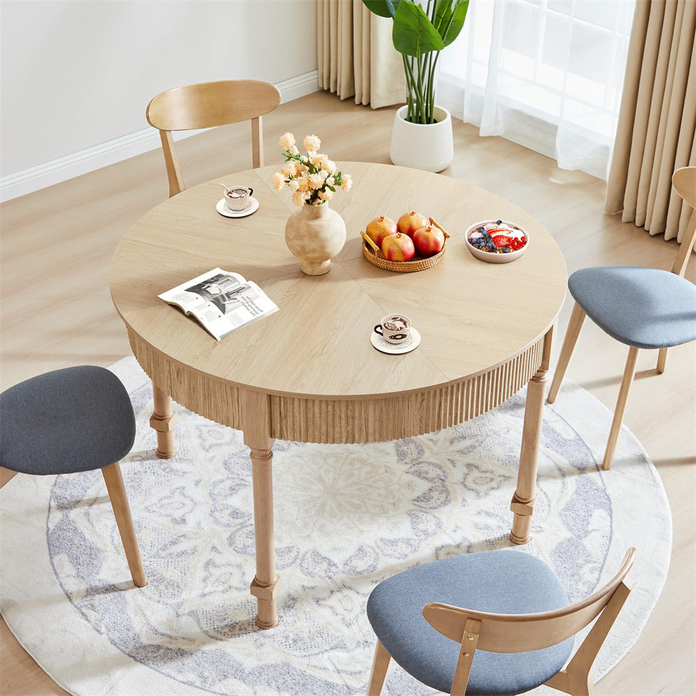 Natural 47 Inch Modern Fluted Round Dining Table with 2 Drawers for 4-6 People