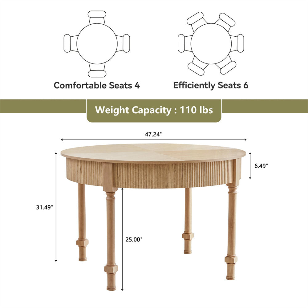 Natural 47 Inch Modern Fluted Round Dining Table with 2 Drawers for 4-6 People