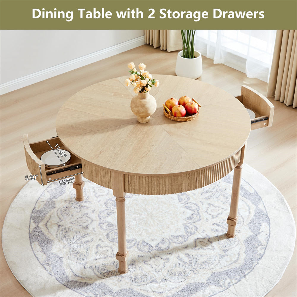 Natural 47 Inch Modern Fluted Round Dining Table with 2 Drawers for 4-6 People