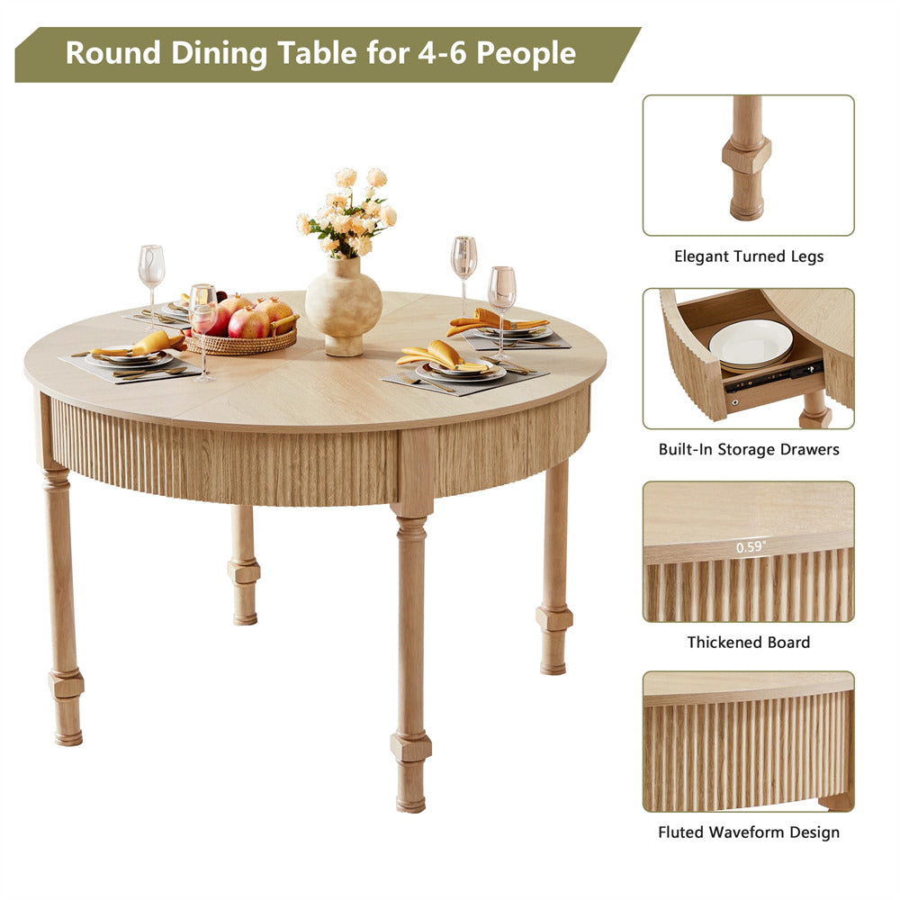 Natural 47 Inch Modern Fluted Round Dining Table with 2 Drawers for 4-6 People