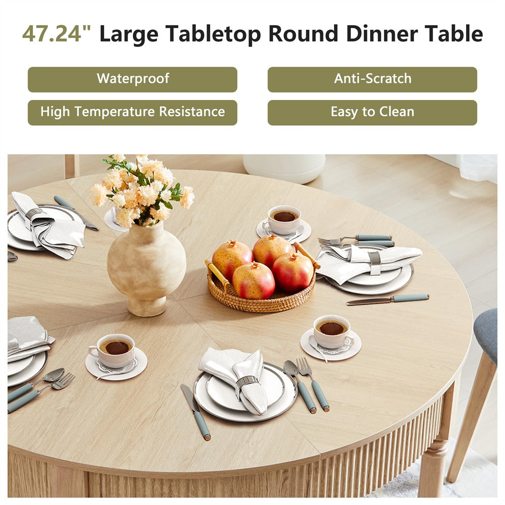 Natural 47 Inch Modern Fluted Round Dining Table with 2 Drawers for 4-6 People
